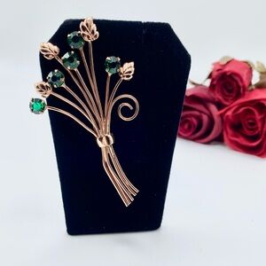 Coro Craft Sterling Rose Gold Vermeil Emerald Rhinestone Flower Bouquet Brooch